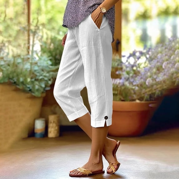 PiGOGI Women's Spring Solid Elastic Waist Cotton Linen Straight Pants, Versatile Wide Leg Trousers with Pockets, Casual Everyday Long Pants White XL