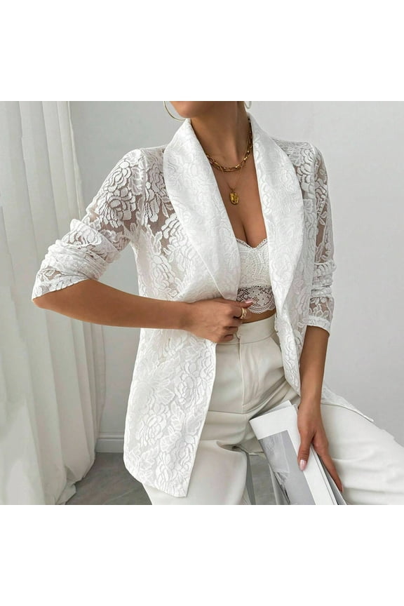 Women's Spring Summer Fashion Lace Embroidered Casual Blazer Coat for Special Occasions White M