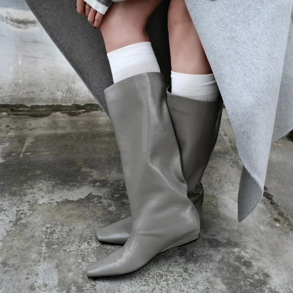 PiGOGI Women's Square Toe Wedge Heel Knee High Boots Fashionable Casual Below Knee Boots Gray 40