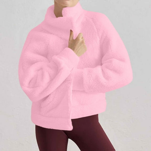 PiGOGI Women's Stand Collar Hoodies Long Sleeve Casual Fuzzy Fleece Smooth Sweatshirts Plush Zip Up Outdoor Pullover Pink S