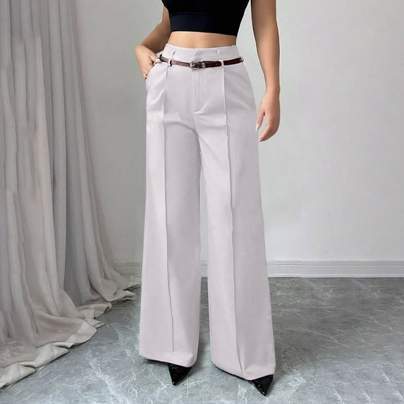 PiGOGI Women's Straight Leg High Waist Wide Leg Pants Zipper Two Pocket Casual Comfortable Trousers Purple L