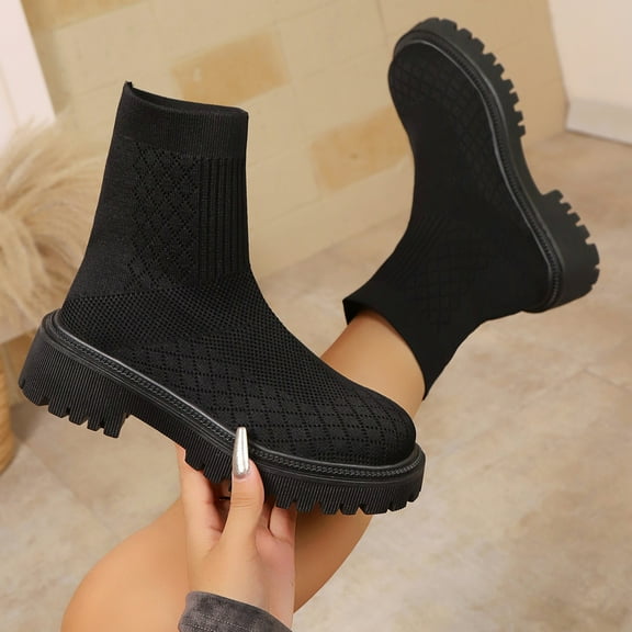 PiGOGI Women's Stretch Boots for Women Elastic Knit Ankle Booties Fall Winter Fashion Block Heel Casual Black 40