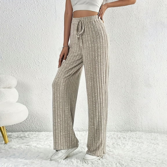 PiGOGI Women's Stretch Waist Straight Leg Striped Pants Comfortable Casual Lounge Trousers for Daily Wear Gray M