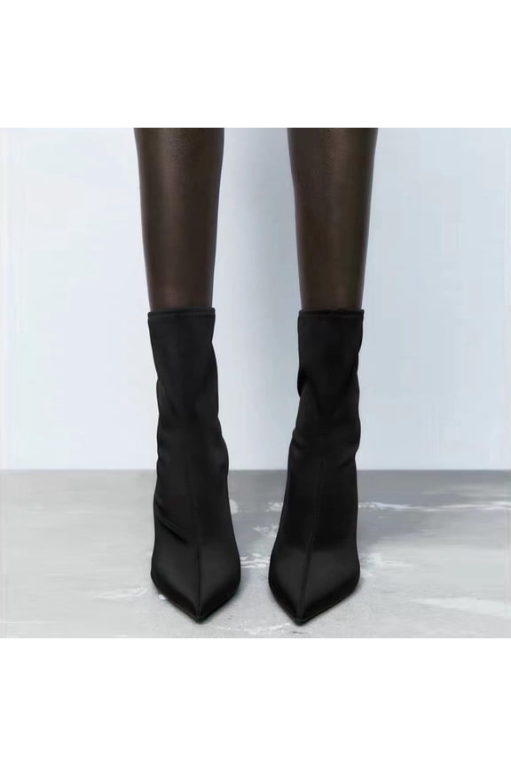 Women's Stretchy Elastic Pointed Toe High Heel Mid Length Socks Boots Fashionable Casual Booties Black 37