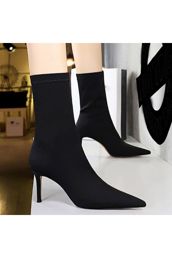 Women's Stretchy Lycra Pointed Toe High Heel Boots Fashionable Casual Elastic Ankle Booties Black 40
