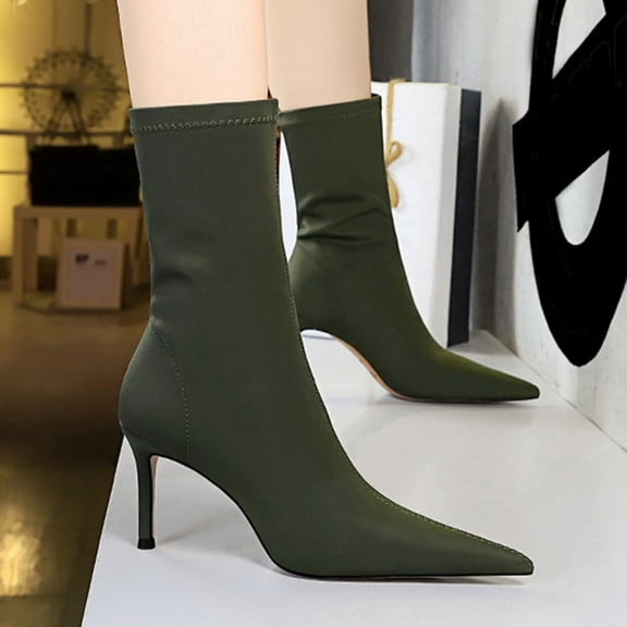 PiGOGI Women's Stretchy Lycra Pointed Toe High Heel Boots Fashionable Casual Elastic Ankle Booties Green 42