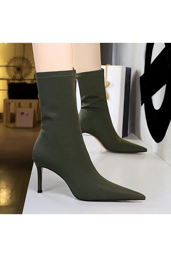 Women's Stretchy Lycra Pointed Toe High Heel Boots Fashionable Casual Elastic Ankle Booties Green 42