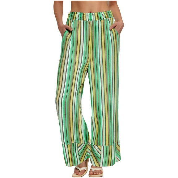 PiGOGI Women's Striped Casual Loose Commuting Wide Leg Pants Comfortable Lounge Trousers for Daily Wear Green XL