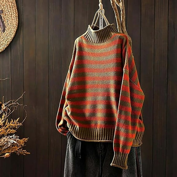 PiGOGI Women's Striped Half Turtleneck Sweater Orange White Knit Pullover Loose Fit Casual Long Sleeve Fall Winter Top Army Green S