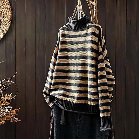 PiGOGI Women's Striped Half Turtleneck Sweater Orange White Knit Pullover Loose Fit Casual Long Sleeve Fall Winter Top Gray S