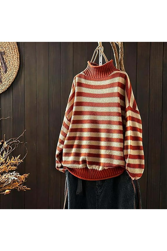 Women's Striped Half Turtleneck Sweater Orange White Knit Pullover Loose Fit Casual Long Sleeve Fall Winter Top Orange S