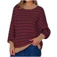 thumbnail image 1 of PiGOGI Women's Striped Round Neck Pullover Sweater Long Sleeve Casual Loose Fit Fall Winter Fashion Knit Top Wine XL, 1 of 6