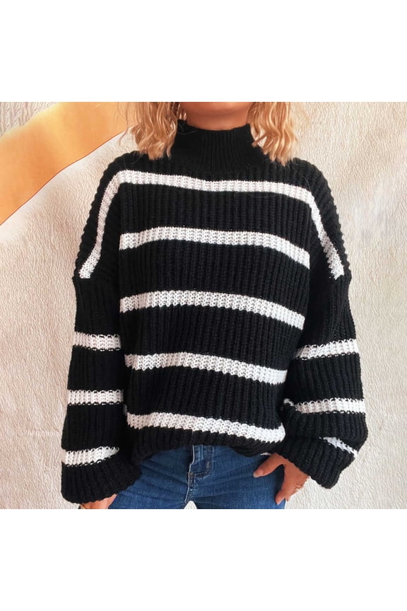 Women's Striped Turtleneck Long Sleeve Knit Sweater Casual Pullover Loose Top Black L