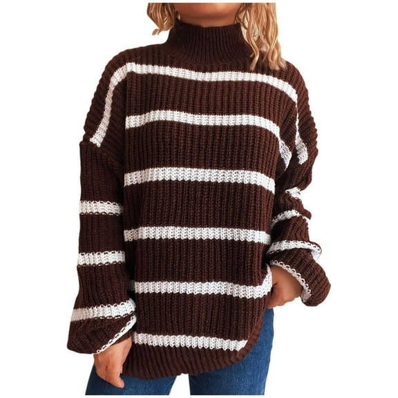 PiGOGI Women's Striped Turtleneck Long Sleeve Knit Sweater Casual Pullover Loose Top Brown M