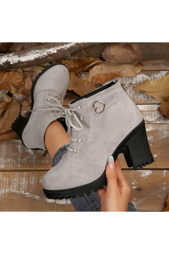 Women's Studded Ankle Boots with Lace-Up & Zipper Chunky Heel Casual Boots for Women Gray 42