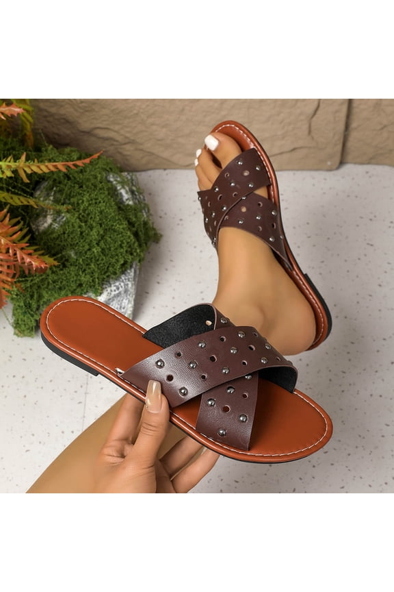Women's Studded Slide Sandals Crisscross Strap Flat Non-Slip Comfortable Summer Brown 5.5