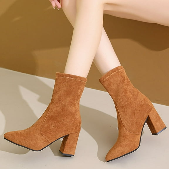 PiGOGI Women's Suede Boots for Women Pointed Toe Thick Heel High Heel Ankle Boots Winter Casual Comfortable Fashion Boots Coffee 41