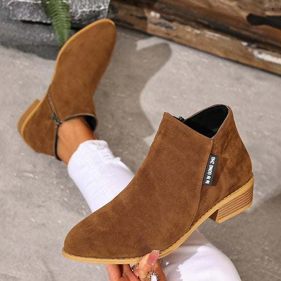 PiGOGI Women's Suede Boots for Women Side Zipper Ankle Boots Low Heel Fall Winter Casual Shoes Comfortable Walking Brown 43