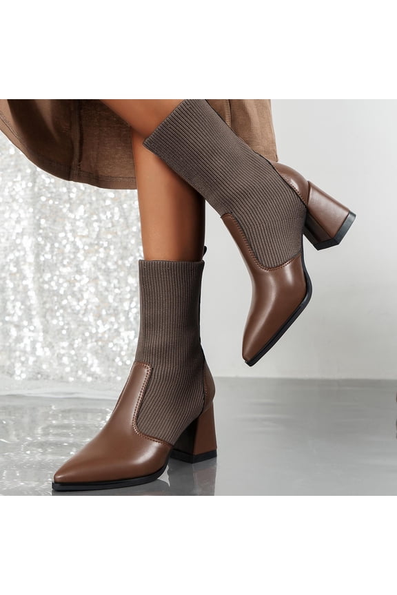 Women's Suede Pointed Toe Thick Heel Short Boots for Winter Comfortable Height Increasing Waterproof Booties Brown 36