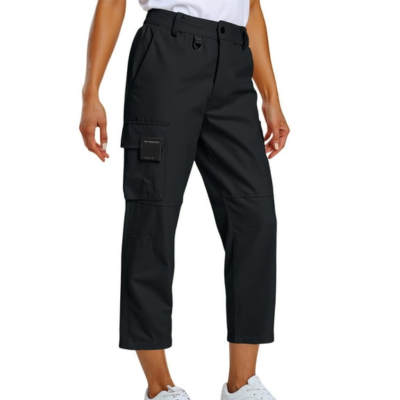 PiGOGI Women's Summer Elastic Waist Solid Casual Cropped Pants Comfortable Lounge Shorts with Pocket Black M