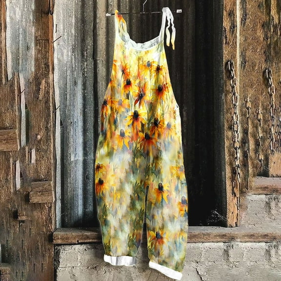 PiGOGI Women's Summer Jumpsuit - Sleeveless Backless Loose Long Romper, Casual Printed Playsuit for Beach & Vacation Yellow XXL