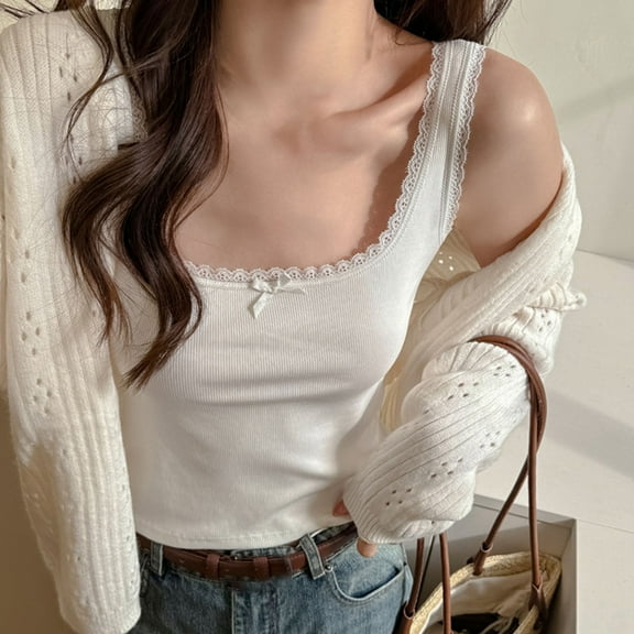 PiGOGI Women's Summer Lace Tank Top - Sleeveless Round Neck Casual Blouse, Breathable Comfortable Stretchy Camisole for Daily Wear White XL