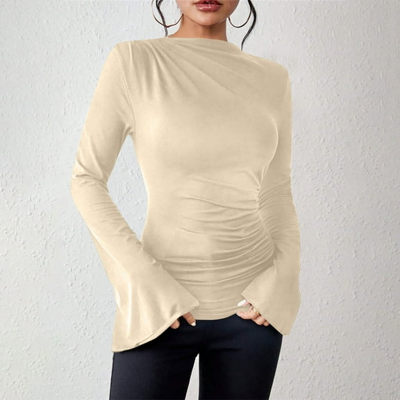 PiGOGI Women's Summer Long Sleeve Round Neck Comfortable Tank Top - Casual Stretchy Blouse for Everyday Wear Beige XL