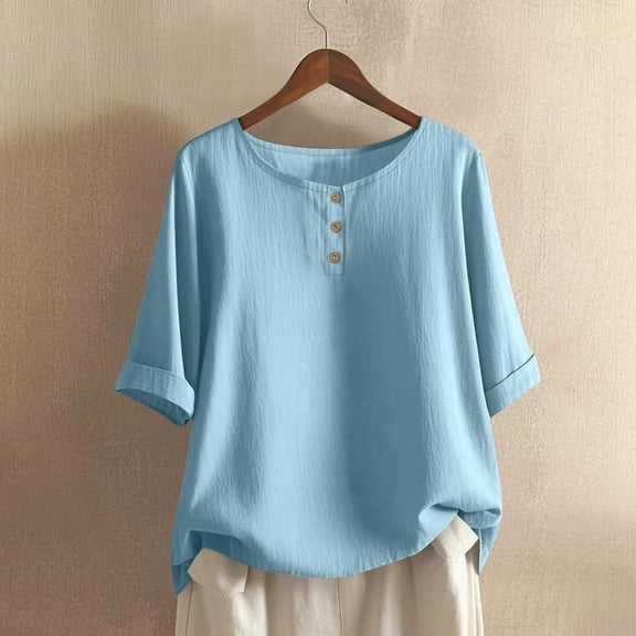 PiGOGI Women's Summer Round Neck Casual Short Sleeve Button T Shirt Top Comfortable Daily Wear Fashion Blouse Spring Light Blue 2XL