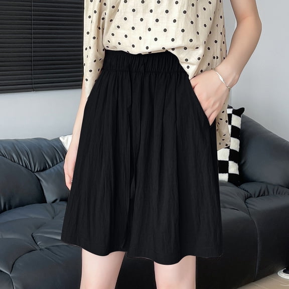 PiGOGI Women's Summer Wide Leg Pants - High Waist Elastic Drawstring Ice Silk Trousers with Side Pockets - Casual Comfortable 5/4 Length Capris Black XL