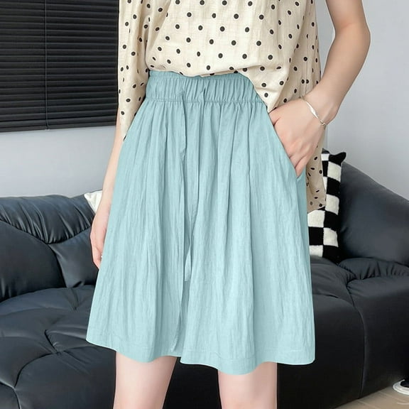 PiGOGI Women's Summer Wide Leg Pants - High Waist Elastic Drawstring Ice Silk Trousers with Side Pockets - Casual Comfortable 5/4 Length Capris Sky Blue XL