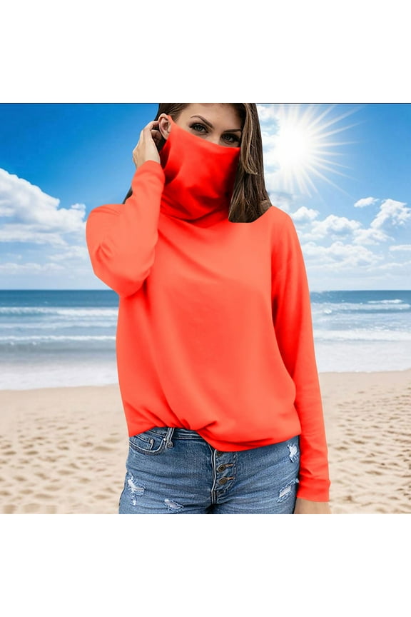 Women's Sun Protection Shirts UV SPF UPF 50+ Long Sleeve Solid Face Mask Top for Hiking Running Orange M