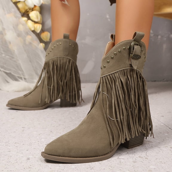 PiGOGI Women's Tassel Boots Pointed Toe Thick Heel Fashion Winter Fall Boots for Women Western Style Metal Accents Comfortable Heel Army Green 38