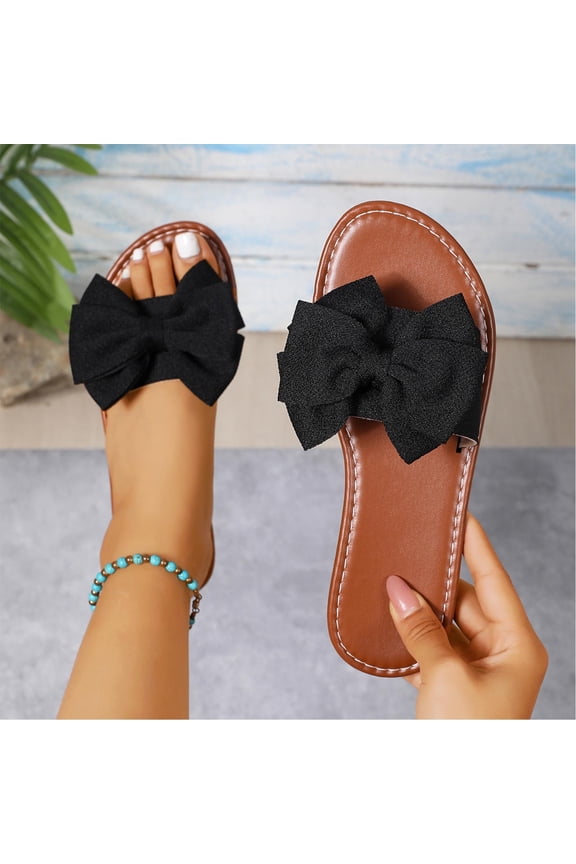 Women's Textured Bow Flat Sandals Padded Footbed Slide Slippers for Summer Vacation Outfits Black 9