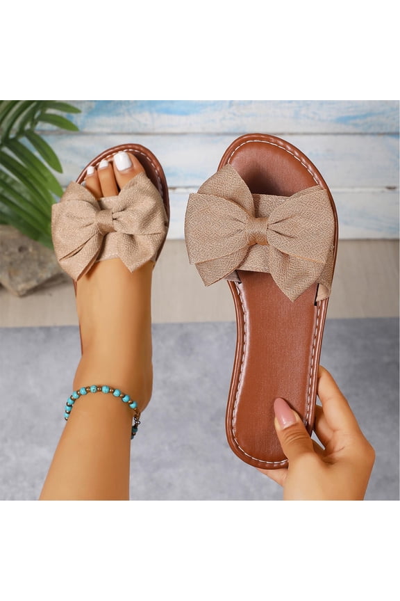 Women's Textured Bow Flat Sandals Padded Footbed Slide Slippers for Summer Vacation Outfits Khaki 8.5