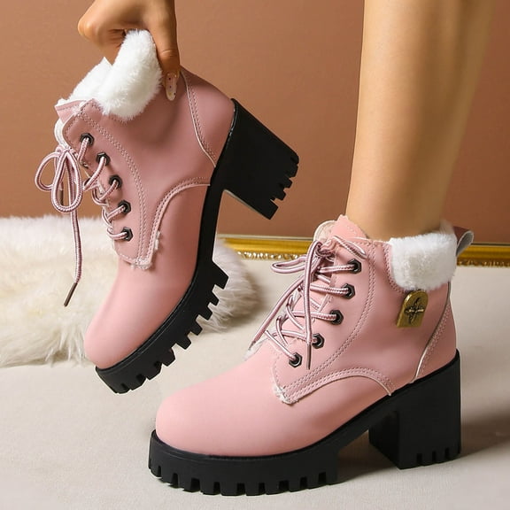 PiGOGI Women's Thick Sole Lace Up Short Boots for Fall Winter Comfortable Height Enhancing Chunky Heel Booties Pink 42