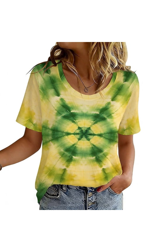 Women's Tops Short Sleeve Funny Gradient Printed Casual Sports Round Neck Shirt Yellow 3XL