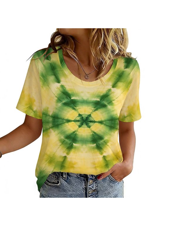 Women's Tops Short Sleeve Funny Gradient Printed Casual Sports Round Neck Shirt Yellow XL