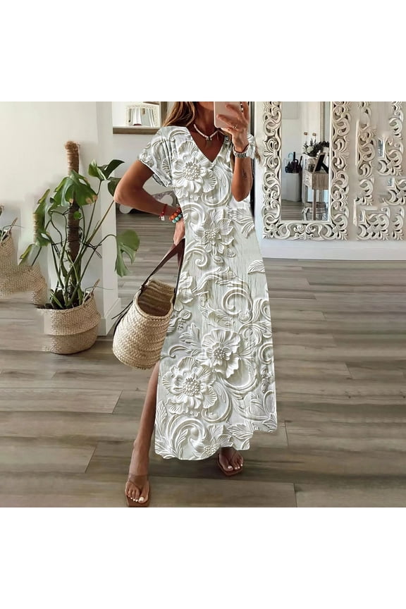 Women's Trendy V-Neck Short Sleeve Long Dress Solid Color Casual Comfortable Spring Summer Everyday Wear White XL