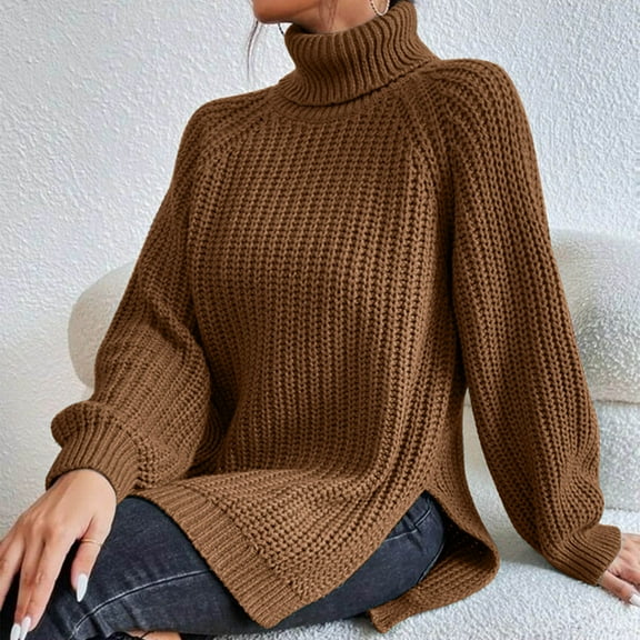 PiGOGI Women's Turtleneck Knit Top Long Sleeve Pullover Sweater Casual Loose Blouse Comfortable Warm Winter Fall Fashion Shirt Coffee M