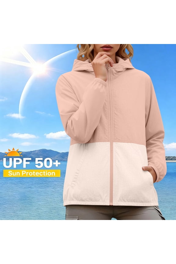 Women's UPF 50+ Sun Protection Summer Colorblock Hooded Zip Up Jacket with Pockets Long Sleeve Coat for Hiking Outdoor Beige 2XL