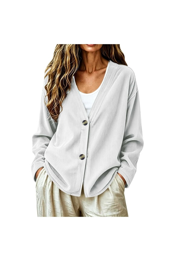 Women's V Neck Button Corduroy Cardigan Long Sleeve Jacket for Fitness Yoga Sports Casual Layered White XL