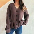 thumbnail image 1 of PiGOGI Women's V-Neck Button Down Pocket Cardigan Long Sleeve Casual Loose Knit Sweater Brown S, 1 of 5