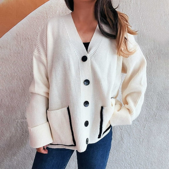 PiGOGI Women's V-Neck Button Down Pocket Cardigan Long Sleeve Casual Loose Knit Sweater White M