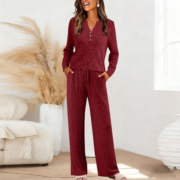 PiGOGI Women's V-Neck Long Sleeve Button Top & Pocket Pants Set Casual Loose Two Piece Outfit Comfortable Wine S