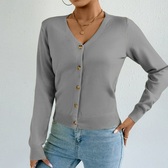 PiGOGI Women's VNeck Knit Cardigan Button Up Long Sleeve Sweater Casual Comfortable Top Gray M