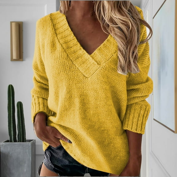 PiGOGI Women's VNeck Knit Sweater Fall Winter Long Sleeve Pullover Loose Comfortable Blouse Yellow S