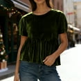 thumbnail image 1 of PiGOGI Women's Velvet Lace Round Neck Short Sleeve Shirt Casual Summer Top Plus Size Elegant Blouse Army Green 2XL, 1 of 6