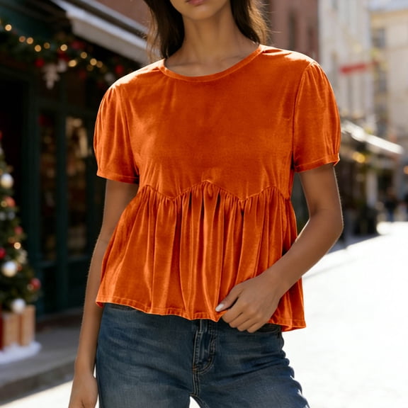 PiGOGI Women's Velvet Lace Round Neck Short Sleeve Shirt Casual Summer Top Plus Size Elegant Blouse Orange M