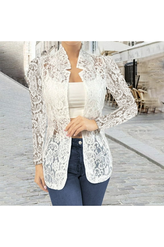 Women's Versatile Lace Hollow Out Long Sleeve Casual Blazer Jacket for Special Occasions White XL