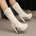 thumbnail image 1 of PiGOGI Women's Waterproof Boots High Heel Belt Buckle Fashion Winter Fall Boots for Women Comfortable Thick Heel Mid Calf Stylish White 42, 1 of 6